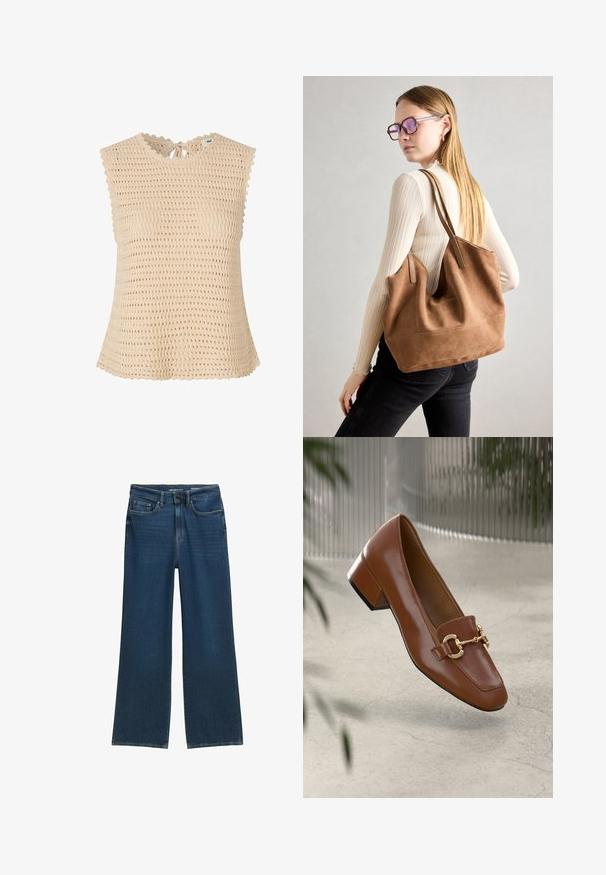 Bežs adīts tops ar teksturētu, atvērtu aušanu. Tam ir viļņota kakla līnija, sasienamā daļa aizmugurē un piedurknes tipa piedurknes.; Platām kājām denim bikses tumši zilos toņos, ar piecu kabatu dizainu, pogu aizdari un smalkiem dūriena detaļām šuvēs.; Brūni lakoti ādas loaferi ar kvadrātu purngalu, metālisku ķēdes akcentu un zemu blokveida papēdi; gluda tekstūra, minimālisma dizains.; Burgundijas zamšs tote soma ar mīkstu tekstūru, plašu atveri un garām siksnām. Iezīmē vienkāršu dizainu ar redzamām šuvēm un bez aparatūras.