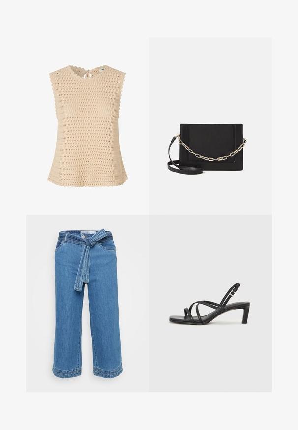 Top bej din tricot cu un țesut texturat și deschis. Are un decolteu cu margini ondulate, șiret la spate și mâneci scurte.; Culotte din denim bleu deschis cu un tiv legat, picioare largi și margini desfăcute. Prezintă buzunare și o textură ușor decolorată.; Sandal cu barete negre, cu vârf pătrat și toc mic de bloc. Prezintă mai multe barete subțiri și o bareta ajustabilă la gleznă. Fabricat din piele netedă.; Geantă de umăr din piele neagră, cu o textură netedă, formă rectangulară și un detaliu din lanț metalic în față. Include curea reglabilă.