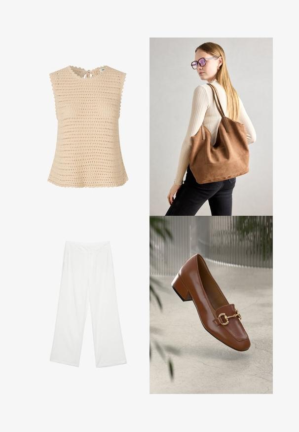 Beige neulepaita, jossa on teksturoitu, avoin kudos. Ominaisuuksiin kuuluu aaltoileva pääntie, nauhat selässä ja lyhyet hihat.; Valkoiset leveälahkeiset housut, joissa on sileä rakenne, etutaskut ja klassinen vyötärö vyölenkeillä.; Ruskea kiiltävä nahkaloaferi neliönmuotoisella varpaalla, metalliketjuaktsentilla ja matalalla tukijalalla; sileä rakenne, minimalistinen muotoilu.; Ruskea nubukkivuoriolaukku, jossa on pehmeä rakenne, tilava avaus ja pitkät hihnat. Ominaisuuksiin kuuluu yksinkertainen muotoilu näkyvine ompeleineen ja ilman metalliosia.