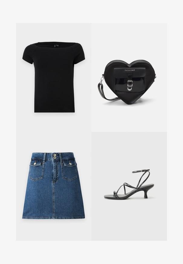 Čierne tričko s krátkym rukávom a štvorcovým výstrihom, vyrobené z ľahkej látky, s hladkou textúrou a čistým dizajnom.; Denimová sukňa v tmavomodrej farbe, so priliehavým pásom, dvoma prednými vreckami, dvoma zadnými vreckami a zapínaním na strieborné gombíky.; Čierne lodičky na podpätku s tenkými remienkami, otvorenou špičkou a malým rozšíreným podpätkom. Materiál vyzerá hladko a lesklo.; Čierna taška v tvare srdca vyrobená z lakovanej kože má predné vrecko so zapínaním na pracku a odnímateľný popruh. Strieborné kovanie.