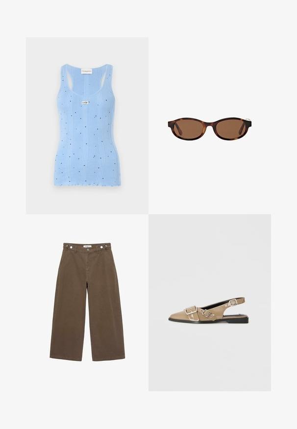 Jasnoniebieska tank top z prążkowanej tkaniny, z małymi czarnymi kropkami, posiadająca okrągły dekolt i szerokie ramiączka. Metka na dekolcie mówi "CLAUDE."; Brązowe spodnie typu wide-leg wykonane z trwałej tkaniny. Posiadają dwie przednie kieszenie, zapięcie na guzik oraz luźny krój z gładką fakturą.; Beżowe lakierowane buty na obcasie typu slingback z wydłużonym noskiem, dwoma regulowanymi klamrami i niskim czarnym obcasem. Gładka tekstura z błyszczącym wykończeniem.; Brązowe okulary przeciwsłoneczne z owalnymi oprawkami, z wzorem w musztardowe cętki i szerokimi ramionami. Gładka tekstura i subtelny detal logo z boku.; Ciemnozielona zamszowa torebka crossbody z zamknięciem na suwak, płaskim kształcie, regulowanym paskiem z perforacjami oraz gładką, matową powierzchnią.