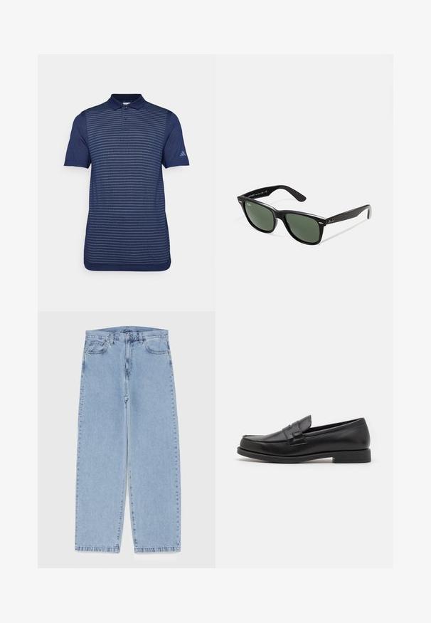 Polo em azul-marinho com um padrão riscado texturizado. Apresenta um colarinho clássico e mangas curtas, feito de um tecido leve. Logotipo na manga.; Jeans de denim azul claro com design de perna reta, apresentando uma cintura de altura média, cinco bolsos e um fecho de botão e zíper.; Mocassins de couro preto com um design elegante, com bico arredondado, detalhes costurados e um salto baixo bloco. Textura suave e mínimos acabamentos.; Óculos de sol de plástico preto com lentes verdes, armações quadradas, detalhe prateado na sobrancelha e hastes texturizadas. Marca indicada na parte interna da haste.