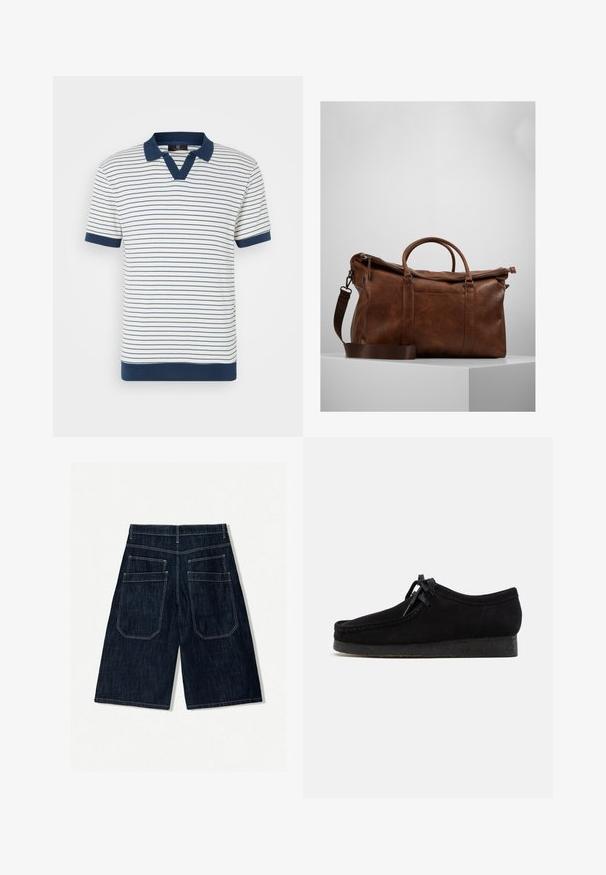 Gestreiftes Baumwollpolo-Shirt mit vertikalen navy- und weißen Streifen, navyfarbenem Kragen und Ärmeln sowie V-Ausschnitt-Design. Weiche Textur.; Dunkelblaue Jeansshorts mit lockerer Passform, ausgestattet mit zwei Gesäßtaschen, Kontrastnähten und geradem Bein DESIGN.; Schwarze Wildlederschuhe mit rundem Zehendesign, einer Schnürfront und einer strukturierten schwarzen Gummisohle. Glattes Obermaterial mit dezenten Nahtdetails.; Braune Leder-Duffel-Tasche mit Reißverschluss, doppelten Griffen, verstellbarem Schultergurt und sichtbaren Texturmuster auf der Oberfläche.