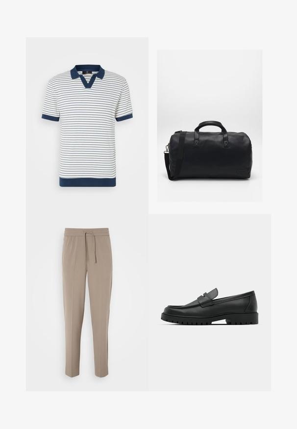 Polo de algodón a rayas, con rayas verticales en azul marino y blanco, cuello y puños en azul marino, y diseño de escote en V. Textura suave.; Pantalones beige claros con cinturilla elástica, cordón ajustable y perneras estrechas. La tela parece suave con un ligero brillo.; Mocasines de cuero negro con punta redonda, que cuentan con un diseño cosido, suela de plataforma baja y una suela de goma texturada y con tacos.; Bolsa de deporte negra hecha de material sintético texturizado. Cuenta con dos asas y una correa de hombro ajustable. Diseño sencillo sin patrones visibles.