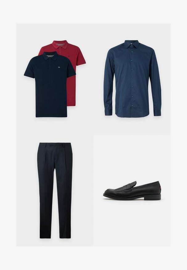 Due polo shirt: uno blu navy, uno bordeaux. Entrambi presentano un colletto classico, una patta con tre bottoni e un logo ricamato sul petto.; Camicia blu navy a maniche lunghe con bottoni, realizzata in tessuto morbido. Presenta un colletto standard, una patta frontale con bottoni coordinati e maniche con polsini.; Pantaloni neri su misura realizzati in tessuto liscio, con un design slim fit, due pince frontali e una cintura piatta senza hardware visibile.; Mocassini in pelle nera con finitura liscia, punta arrotondata e una piccola pattina decorativa. Presentano un tacco basso e impilato e un sottile dettaglio di branding.