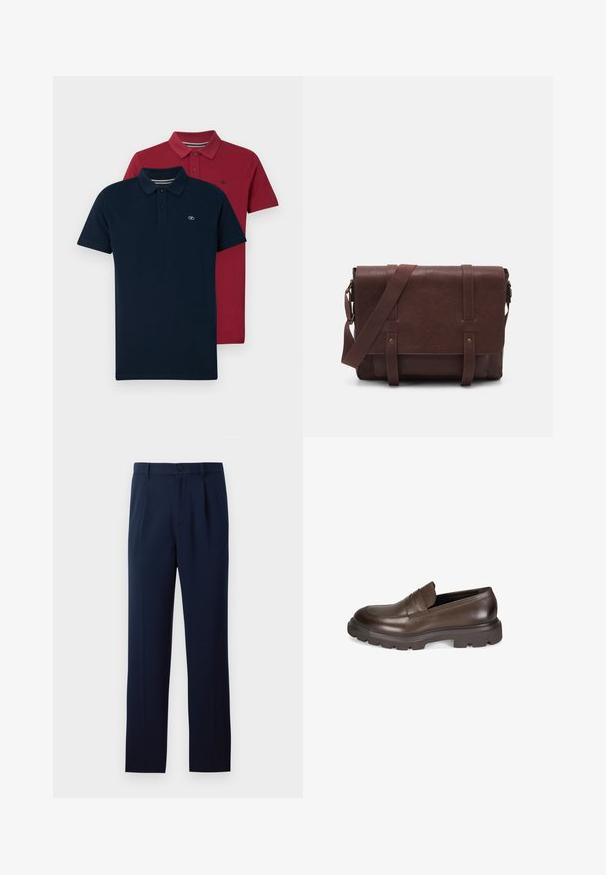 Deux polos : un bleu marine, un bourgogne. Les deux présentent un col classique, une patte de boutonnage à trois boutons et un logo brodé sur la poitrine.; Pantalons bleu marine en tissu lisse, dotés d'une fermeture à un bouton, de plis et de jambes droites. Design minimaliste sans motifs notables.; Desa Chaussons - brown; Sac en cuir marron de style messager avec un rabat plat à l'avant, deux sangles, des accents en métal doré et une bandoulière adjustable.