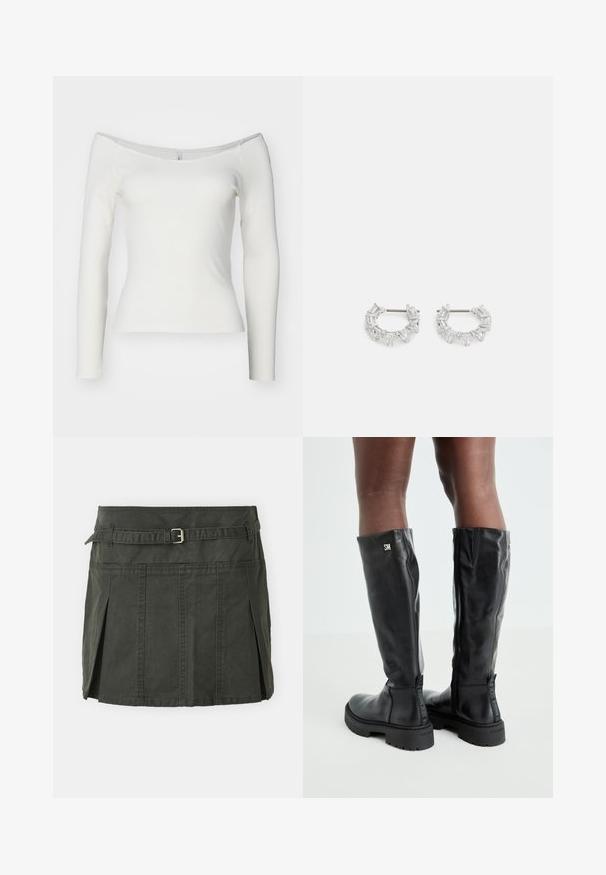 Top bianco a spalle scoperte con maniche lunghe realizzato in materiale a costine. Design aderente con una texture liscia e orlo dritto.; Gonna mini in cotone verde scuro, con vita aderente, una cintura e pieghe frontali. Presenta dettagli di cucitura e un taglio classico.; Stivali in pelle nera al ginocchio con texture liscia, punta arrotondata, suola spessa e chiusura con zip. Presenta un logo argentato sul lato.; Orecchini a cerchio in argento con cristalli trasparenti rettangolari e triangolari disposti in un motivo circolare e un perno centrale per la chiusura.