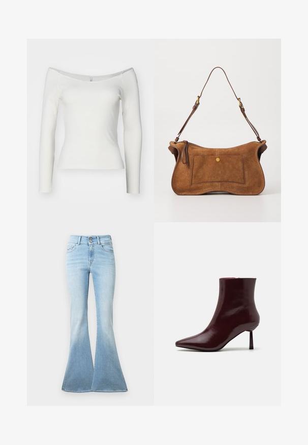 Top blanco de manga larga y sin hombros, confeccionado en material acanalado. Diseño ajustado con una textura suave y dobladillo recto.; Jeans acampanados de color azul claro hechos de denim. Presentan una cintura alta con dos botones y un ligero desgaste hacia el dobladillo. Diseño clásico de cinco bolsillos.; Botín de charol burdeos con punta afilada y tacón de aguja delgado, que presenta una textura suave y brillante y un diseño minimalista.; Dolce Vita JOSIE - Bolso de mano - pecan; Pendientes de color dorado con una forma suave y redondeada, que cuentan con una superficie reflectante y un cierre de palanca para un uso seguro.