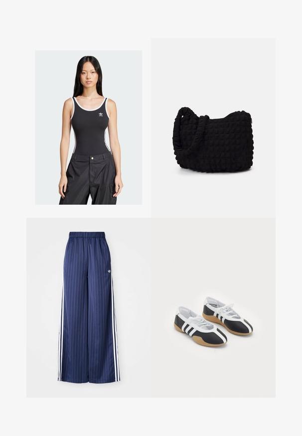 Fekete bodysuit fehér díszítéssel és Adidas logóval a mellkason, testehez simuló fazonnal és széles vállpántokkal.; Tengerészkék, széles szárú nadrág függőleges fehér csíkokkal, rugalmas derékpánttal és mindkét oldalon három fehér csíkkal, könnyű anyagból készült.; Fekete-fehér sportcipők, letisztult dizájnnal, gumitalppal, fűzős zárással és három fehér csíkkal az oldalán.; Fekete szövet táska texturált, steppelt mintával. Kerek formájú, rövid, vastag fogantyúkkal és puha, rugalmas szerkezettel.