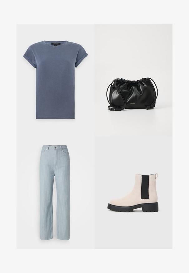 Blå bomulls T-skjorte med rund hals, korte oppbrettede ermer og en avslappet passform. Har en jevn tekstur uten mønstre eller dekorasjoner.; Lys blå rett ben jeans laget av denim. Har fem lommer, en metallknapplukking og subtil slitasje for tekstur.; Beige semsket Chelsea-støvel med svart elastisk sidepanel, kraftig svart såle og trekkflik ved ankelen.; Svart lærveske med samlet design, dobbel snoråpning og avtagbar skulderrem. Har metallisk logodetalj.