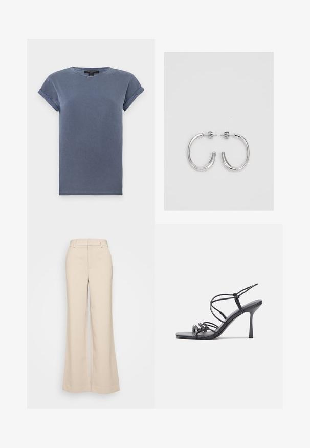 Modra bombažna majica s krožnim izrezom, kratkimi zavihani rokavi in sproščenim krojem. Ima gladko teksturo brez vzorcev ali okraskov.; Bež hlače širokih nogavic z gladko teksturo, ki imajo visok pas in dva sprednja žepa. Čista zasnova s krojenjem, ki se prilega.; Črne visoke sandale na peto imajo tanke naramnice z vozlom, gladek kvadratni toe in eleganten stiletto peto.; Srebrne obročaste uhane z gladko, sijočo površino. Zaobljena oblika, lahka zasnova, z zapiranjem na zatič.