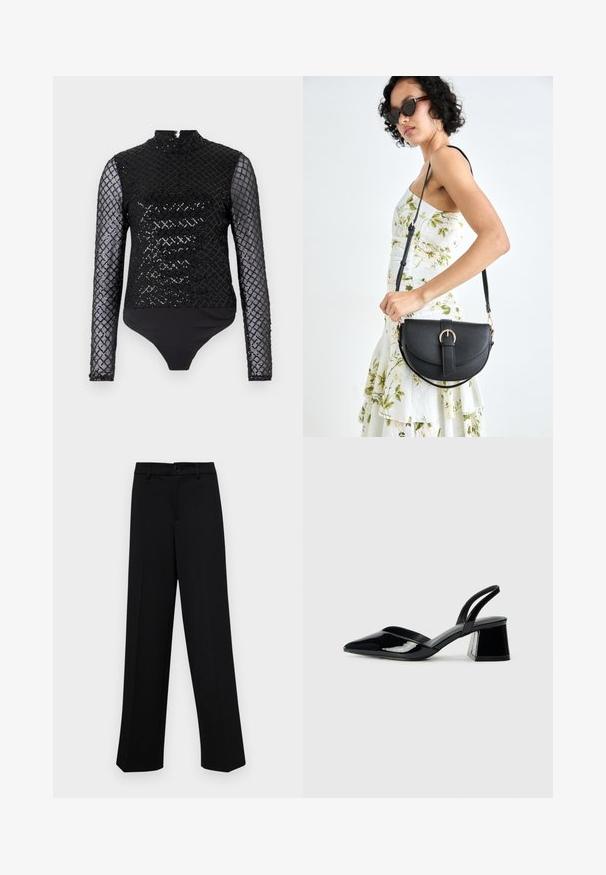 Čierny body s dlhými, priehľadnými rukávmi obšitými flitrami a vysokým golierom. Má priliehavý strih a pevnú čiernu spodnú časť s hladkou textúrou.; Čierne široké nohavice vyrobené z hladkej látky, s klasickým pásom a zapínaním na gombík, a prednými skladmi.; Čierne lakované kožené sandálové podpätky s špicatou špičkou a geometrickým blokovým podpätkom. Disponujú elegantným, minimalistickým dizajnom a hladkým povrchom.; Čierna kožená kabelka s zaobleným tvarom, odnímateľným popruhom a zlatými doplnkami. Kabelka má klopu s detailom s prackou.
