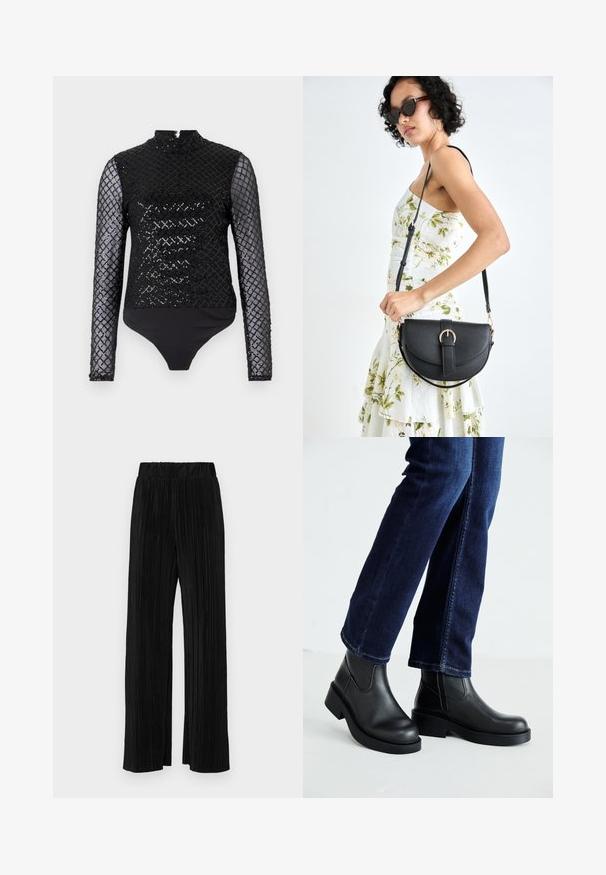 Macaquinho preto com mangas longas transparentes cobertas de lantejoulas e gola alta. Apresenta um design ajustado e uma parte inferior preta sólida com textura suave.; Calças pregueadas pretas com uma cintura elástica. Apresentam pernas largas e um tecido liso, texturizado com riscas verticais.; Botas de tornozelo de couro preto com sola grossa e painéis elásticos laterais, combinadas com jeans azul escuro. O chão é de cor clara.; Bolsa de couro preta com forma curva, alça destacável e detalhes em dourado. A bolsa possui uma aba com detalhe de fivela.