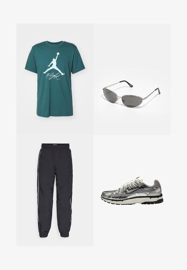 Jordan JUMPMAN FLIGHT TEE - Marškinėliai su spaudiniu - oxidized green; Juodos treniruočių kelnės, pagamintos iš lengvos medžiagos, su elastingu juosmeniu, siaurėjančiomis kojomis ir baltomis šoninėmis juostelėmis.; Sidabriniai ir juodi sportiniai bateliai su tinkline ir sintetiniu viršumi, apimanti dizaino forma ir tekstūruota apdaila. Yra paminkštinta apykaklė ir guminis padas.; Akiniai nuo saulės su elegantišku sidabro metaliniu rėmu, pilkai tonuotais objektyvais ir aerodinaminiu dizainu, turinčiu smailius kampus ir plonus šonus.; Juodas siuvinėtas peties krepšys su minkšta tekstūra, dėvimas asmens, kuris vilki baltą marškinėlį su grafika ir ryškiais užrašais. Kasdieniškas aprangos stilius su džinsais.