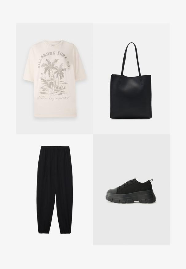 Cream-colored cotton t-shirt with short sleeves, featuring a graphic of palm trees and a figure on the front, text reads "Another day in paradise."; Black, lightweight pants with an elastic waistband and gathered ankles. The fabric is smooth and features a relaxed, tapered design.; Black sneakers with a chunky rubber sole, textured fabric upper, round toe, and lace-up design. Features reinforced eyelets and back pull tab.; Black leather tote bag with smooth texture, rectangular shape, and two long handles. No visible hardware or embellishments.