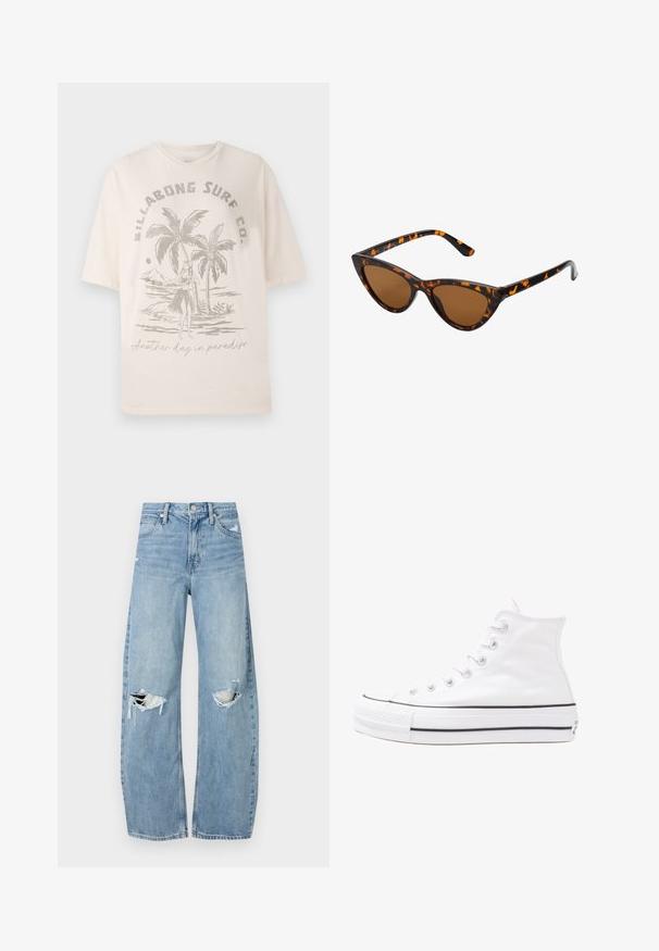 Krémové bavlnené tričko s krátkymi rukávmi, na prednej strane s grafikou palmových stromov a postavy, text znie "Ďalší deň v raji."; Svetlomodré, vysoké džínsy vyrobené z denimu. Majú široké nohavice, dve roztrhnuté kolená a klasický päťvreckový strih.; Biele vysoké plátené tenisky s čiernou gumovou podošvou, prednou gumovou špičkou a šiestimi okami na šnúrky, s čistým, minimalistickým dizajnom.; Mačacie slnečné okuliare s čiernym a oranžovým želvovinovým rámom, hnedými sklami a elegantnými, špicatými koncami. Obsahujú minimalistické logo na spánku.