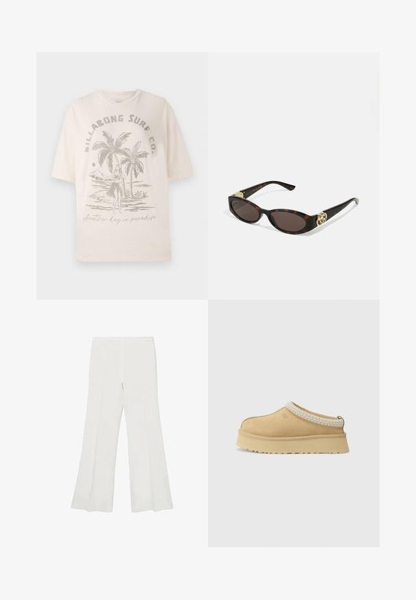 Kreemi värvi puuvillane T-särk lühikeste varrukatega, mille esiküljel on palmipuude ja figuuri graafika, tekst ütleb "Veel üks päev paradiisis."; Valkoiset leveälahkeiset housut, joissa on sileä pinta ja selkeät linjat, keski-korkea vyötärö ja ei näkyvää varustusta tai kuvioita.; Vaaleanruskeat mokka-slip-on-kengät, joissa on pehmustettu kaulus ja teksturoitu vaaleansininen yksityiskohta. Ominaisuuksiin kuuluu paksu, kestävä pohja, jossa on kuvioitu kulutuspinta.; Silmärilakkiset tortoiseshell-aurinkolasit, joissa on pitkänomaiset ovaalit linssit, ruskea sävy, kultaiset logo-koristeet temppeleissä ja sulavalinjaiset mustat varret.; Ruskea nahkalaukku, jossa on kaksi tukevasti kantavaa kahvaa, suorakaiteen muotoinen, sileä pinta ja vetoketjukiinnitys. Minimalistinen muotoilu ilman näkyviä kuvioita.