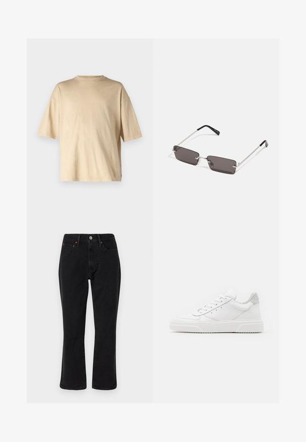 Jack & Jones JJECHARGE FADED TEE - T-shirt básica - humus; Jeans de denim preto com um design de perna reta, estilo de cinco bolsos e ferragens metálicas com detalhes em cobre. Textura suave e altura média.; Ténis brancos em pele com acabamento suave, biqueira arredondada, atacadores planos e sola texturizada. Acento em camurça cinza na parte do calcanhar.; Óculos de sol com lentes retangulares, cinzentas escuras, armações em metal prateado e pontas em plástico preto nas hastes. Design leve com almofadas para o nariz.