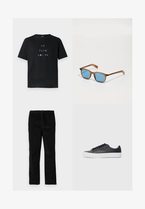 Must musta särk, millel on mitmevärviline, tikitud tekst "PS PAUL' SMITH", paigutatud vertikaalselt kaasaegse tüüppädevuse kujunduses. Lühikesed varrukad.; Mustad sirgedega sametpüksid, millel on elastne vöökoht ja eesotsas nöör, esitatud ühevärvilise valge taustaga.; Must musta tennis shoe valge kummist tallaga, ümar varvas ja mustad paelad, millel on sile tekstuur ja minimalistlik disain.; Pruunist plastikust raami päikeseprillid siniste läätsede ja ruudukujuga, õhukeste varrasega, tekstuursete aktsentidega tempeltes ja poleeritud viimistlusega.