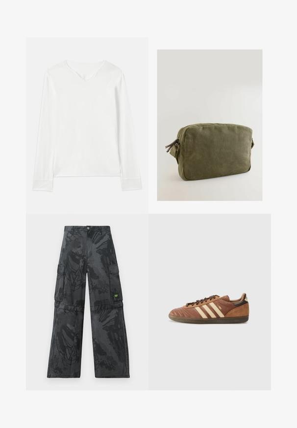 Hosszú ujjú fehér blúz V-nyakkal, lágy textúrával és oldalsó hasítékokkal. Egyszerű dizájn jellemzi, díszítések vagy minták nélkül.; Fekete cargo nadrág finom, sötét mintázattal. Több oldalsó zsebbel rendelkezik, és egy kis zöld logó párkány található elöl.; adidas Originals SAMBA UNISEX - Sportcipő - preloved brown/sand strata/dark brown; Olíva zöld vászon táska téglalap alakú, cipzáros záródással és bőrkiegészítőkkel a cipzár húzón.