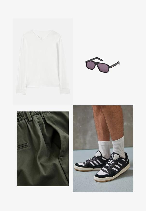 Langærmet hvid top med V-udskæring, blød tekstur og sideslidser. Har et simpelt design uden pynt eller mønstre.; Olivenfarvet stof med en blød tekstur; har en elastisk talje og sidelommer; glatte syninger synlige.; Sorte og hvide sneakers med en overdel i ruskind og læder, der har tre hvide striber, en perforeret tå og en sål i gummigummi.; Sorte solbriller med firkantet stel, mørke linser og et guld-logo på armen. Glat plastmateriale med mat finish.