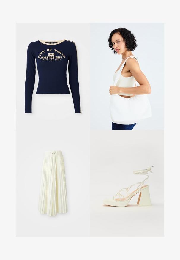 Navy long-sleeve shirt made of cotton, featuring a cream collar. Front text print: "CITY OF TOKYO 1968 ATHLETICS DEPT. TRACK AND FIELD."; Pleated midi skirt in light yellow fabric, featuring an elastic waistband with a tie, smooth texture, and vertical stripes for added detail.; White high-heeled sandal with a chunky heel, featuring a strappy design and ankle tie. Smooth texture with a platform front for added height.; White shoulder bag made of smooth material, featuring an oval cutout and wide strap design. Simple and modern with no visible hardware.