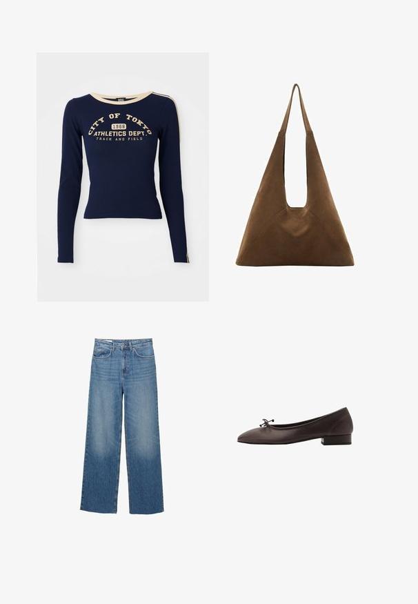 Mornarska majica dugih rukava od pamuka, sa kremastim ovratnikom. Prednji ispis teksta: "GRAD TOKYO 1968 ODJEL ZA ATLETIKU. TRKA I POLJE."; Svijetloplave traper široke hlače s visokim strukom, dva prednja đepa i suptilno izbljeđivanje na bedrima, s normalnim kopčanjem na dugme i patentni zatvarač.; Smeđi kožni baletni stan sa zaobljenim prstima i malim blok-petama. Ima tanak mašnu na prednjem delu i suptilne šavove.; Smeđa lielu torba od suedea s trokutastim dizajnom, dugim naramenicama i velikim otvorenim vrhom s izrezanom drškom.; Zlatna lančić s privjeskom u obliku teksturiranog cvijeta. Lančić je fini i fleksibilan, što nadopunjuje cvjetni dizajn.