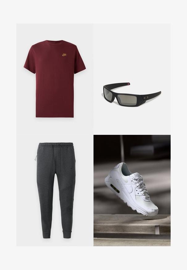 Μαρολί μπλουζάκι Nike κοντό μανίκι με χρυσό λογότυπο Nike στο αριστερό στήθος, απλός σχεδιασμός με λαιμόκοψη, τοποθετημένο σε λευκό φόντο.; Σκούρο γκρι Nike παντελόνια jogger με ζωνάκι τύπου drawstring, με τσέπη πλαισίου με φερμουάρ, ανευθυνοκωστα με μίνι στήριξη και ρίγα στον αστράγαλο σε άσπρο φόντο.; Λευκό αθλητικό παπούτσι Nike Air Max 90 με άνω μέρος από διχτυωτό και δερμάτινο υλικό, τρυπητό μπροστινό μέρος και ορατή μονάδα αέρα στη φτέρνα.; Μαύρα γυαλιά ηλίου με ματ φινίρισμα, ορθογώνιους φακούς, ελαφριά καμπύλη στους βραχίονες, διακριτική λεπτομέρεια λογότυπου και φακούς με καπνιστό τόνισμα.