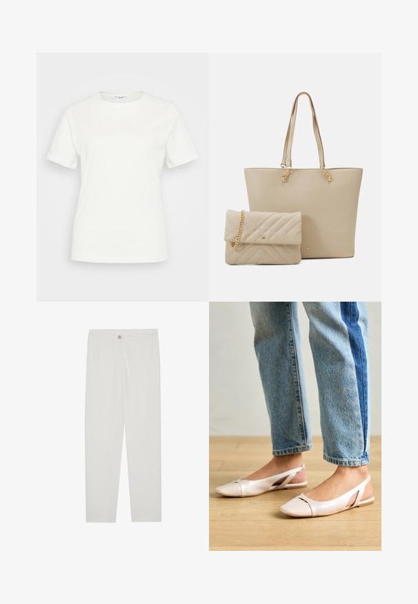 Fehér pamut póló kerek nyakkivágással és rövid ujjakkal. A elülső részen nem láthatóak figyelemfelkeltő minták vagy díszítések.; Fehér, testreszabott nadrág egyenes szárú szabással, gombos záródással, övcsatolókkal és oldalsó zsebekkel; sima textúrájú anyag.; Világos rózsaszín slingback laposlábú cipők, hegyes orral, sima bőrhatású anyagból készült. Oldalt kivágott részletek találhatók rajta, valamint lapos sarkú.; Beige tote táska lapos fogantyúkkal, sima textúrával és arany hardverekkel, egy hozzáillő steppelt clutch-csal kombinálva, amely lánc pánttal rendelkezik.