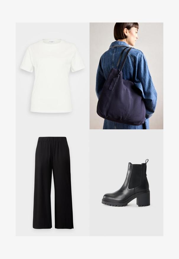 Valge puuvillane T-särk ümmarguse kaelusega ja lühikeste varrukatega. Ees ei ole nähtaval silmatorkavaid mustreid ega aktsente.; Mustad laiad püksid, mis on valmistatud pehmest ja venivast kangast. Omab elastset vööd ja siledat tekstuuri, sobivad igapäevaseks kandmiseks.; Must musta külgniidi ja tõmbehaaratsi ning tekstuurses tallas lisatoe jaoks. Karm kõrgendatud konts.; Tumesinise kangast õlalauk, millel on pehme, struktureeritud kuju, must rihm, tikandiga detailid ja väike brändi silt.