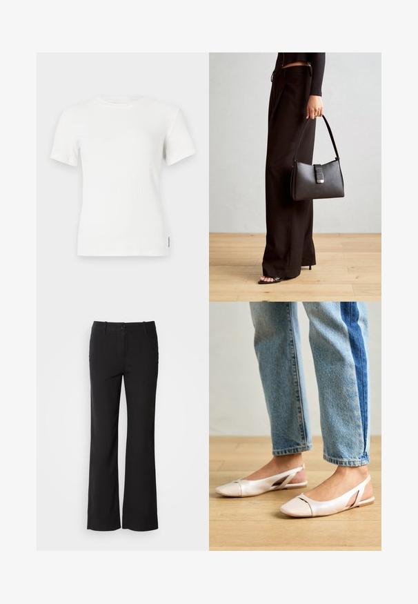 Balts ribu īsās piedurknes T-kreklā ar apaļu kaklu. Mīksta tekstūra, pieguļošs dizains un minimālas šuvju detaļas.; Melni kokvilnas auduma bikses ar taisnu kāju dizainu, priekšējo pogu aizdari un divām sānu kabatām. Gluda tekstūra, bez redzamām rakstu zīmēm.; Bālti rozā siksniņu dzīvokļi ar smailu purngalu, izgatavoti no gludas ādas līdzīgās materiāla. Iezīmē izgriezumu detaļas sānos un platu papēdi.; Melnā somiņa ar strukturētu formu, gludu tekstūru un metālu sprādzi. Saskaņota ar platām melnām biksēm un sandālēm ar atvērtu purngalu uz koka grīdas.