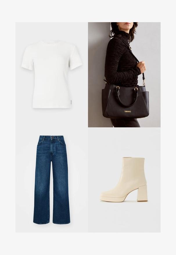 White ribbed short-sleeve t-shirt with a round neckline. Soft texture, fitted design, and minimal stitching details.; High-waisted, wide-leg jeans in dark blue denim with a smooth texture, contrast stitching, and five-pocket design. Front button closure.; Beige leather ankle boot with block heel and platform sole, smooth finish, and slightly squared toe facing left on white background.; Black handbag with textured surface, dual top handles, and adjustable shoulder strap. Features gold-tone hardware and side pockets.