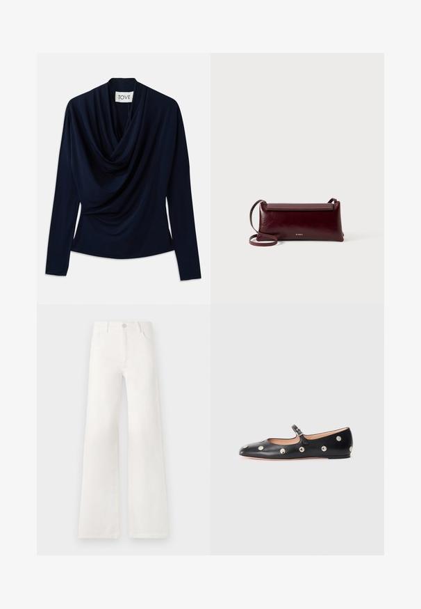 Marineblaue Langarmbluse mit drapierter Ausschnittlinie, gefertigt aus weichem Stoff. Verfügt über eine figurbetonte Silhouette und ein minimalistisches Design. Markenlabel sichtbar.; Weiße, hoch taillierte, weite Jeans aus Denim. Verfügt über einen Knopfverschluss, zwei Fronttaschen und Seitennähte mit Stickdetails.; Schwarze Leder-Mary-Jane-Ballenflats mit runder Zehenform, ausgestattet mit silbernen runden Nieten und einem verstellbaren Riemen mit Schnalle.; Burgunderfarbene Leder-Umhängetasche mit glatter Textur, rechteckiger Form, Klappenverschluss und einem dünnen, verstellbaren Trageriemen. Sichtbares goldfarbenes Logodesign.