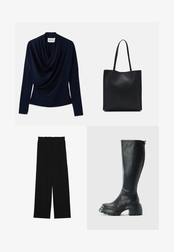 Marineblaue Langarmbluse mit drapierter Ausschnittlinie, gefertigt aus weichem Stoff. Verfügt über eine figurbetonte Silhouette und ein minimalistisches Design. Markenlabel sichtbar.; Schwarze weit geschnittene Hose mit einem gerüschten Bund, ausgestattet mit zwei Seitentaschen und einem glatten, leichten Stoff. Keine sichtbaren Muster oder Beschläge.; Hoher schwarzer Lederstiefel mit einer robusten Plateausohle und Blockabsatz, der über eine Zuglasche und ein strukturiertes Profil an der Außensohle verfügt.; Schwarze Laptoptasche aus Leder mit glatter Textur, rechteckiger Form und zwei langen Griffen. Keine sichtbaren Beschläge oder Verzierungen.