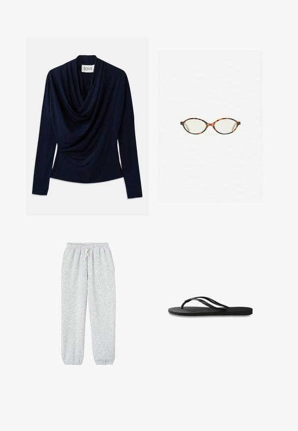Mørkeblå langærmet top med draperet halsudskæring, lavet af blødt stof. Har en tætsiddende silhuet og minimalistisk design. Mærket synligt.; Grå sweatpants lavet af blødt stof, med en elastisk talje med snor og elastiske manchetter ved anklerne.; Sorte flip-flop med en tekstureret gummisål, to slanke stropper og et subtilt, præget logodetalje på stroppen.; Skildpaddebriller med ovale linser og en elegant, glat finish. Har tynde sider med en subtil kurve ved tindingerne. Klare linser.