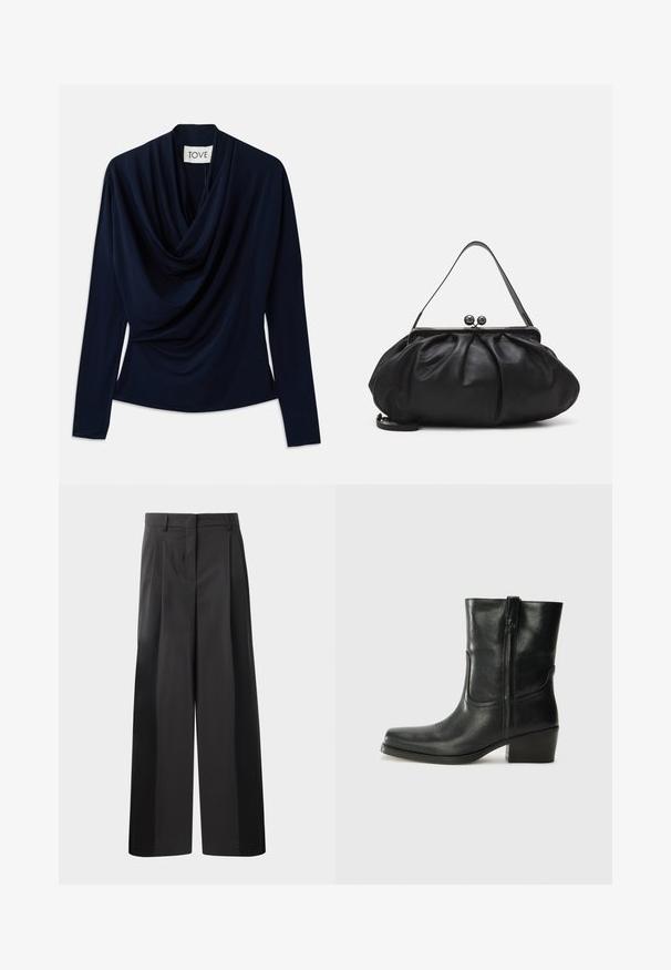 Top lung cu mânecă lungă de culoare albastru marin cu decolteu elegant, realizat dintr-un material moale. Are o siluetă ajustată și un design minimalist. Eticheta brandului este vizibilă.; Pantaloni negri cu talie înaltă, cu picioare largi, având pliseuri frontale, o textură netedă și un finisaj croit. Concepuți pentru o croială relaxată.; Botine din piele neagră, cu vârf rotund, toc pătrat, fermoar pe lateral și accente de cusături pe partea superioară. Textură netedă, design clasic.; Geantă de umăr din piele neagră, cu un design rotund și pliat. Dispune de un închizător metalic cu două bile decorative și o curea subțire, detașabilă.