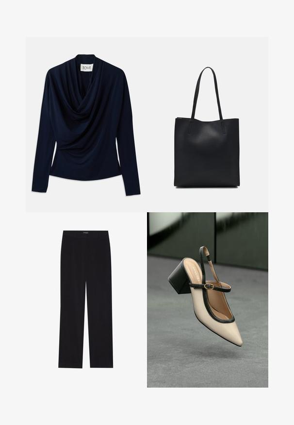 Temno modra majica z dolgimi rokavi in drapiranim izrezom, izdelana iz mehkega materiala. Ima prilegajočo silhueto in minimalen dizajn. Oznaka blagovne znamke je vidna.; Črne kordurojske hlače ravnega kroja z ravnim pasom in brez vidnih žepov, gladke teksture ter z vertikalnimi rebrastimi detajli.; Bežna slingback čevlja z uskim sprednjim delom, črnimi detajli, zlatim zaponko in debelim blokovskim peto na sivi tleh s temno zeleno ozadje.; Črna usnjena torba s svilnato teksturo, pravokotne oblike in dvema dolgima ročajema. Brez vidnih metalnih delov ali okrasnih elementov.