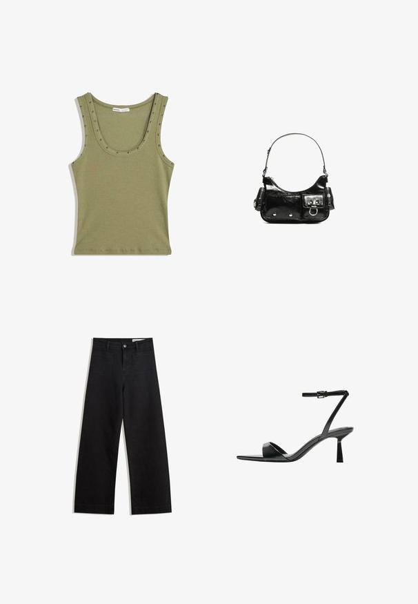 Olivno zelena rebrasta majica bez rukavov s širokim izrezom, s srebrnimi noski ob robovih za detajl. Narejena iz mehkega, raztegljivega materiala.; Črne široke denim hlače z visokim pasom, ki imajo sprednje in zadnje žepe, šivane šive ter gumbasto zapiranje. Gladka tekstura.; Bershka Sandali z visoko peto - black; Črna lakasta usnjena torbica s ukrivljeno obliko, enim ramenskim trakom, sprednjimi žepi in srebrnimi kovinskimi dodatki.