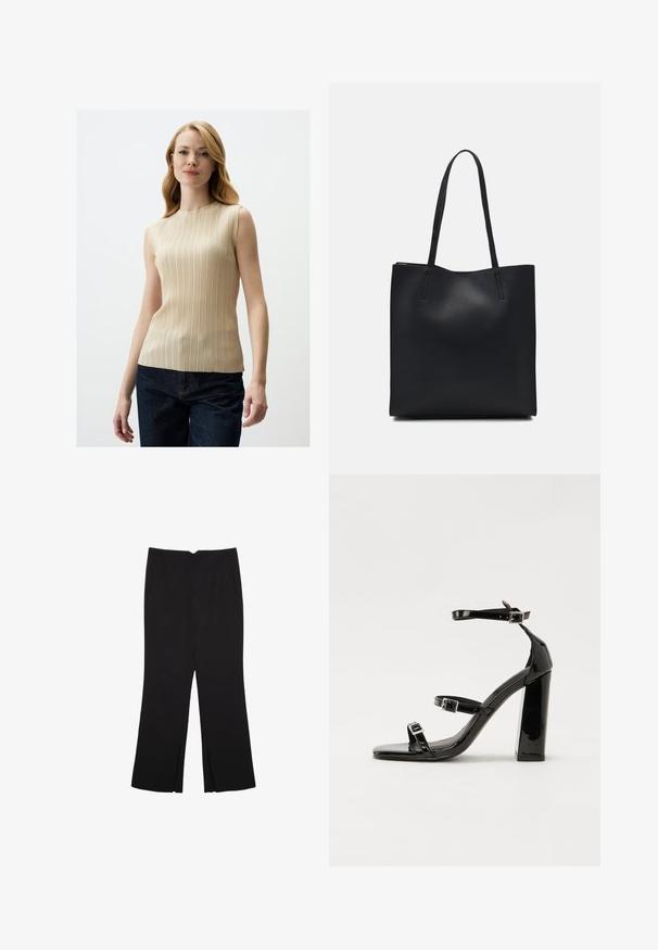 Beige sleeveless top with vertical pleats, high neckline, and smooth texture, paired with dark blue denim pants.; Black trousers with a straight fit, featuring front pockets and side slits at the hem. Made of soft, smooth fabric. Suitable for various occasions.; Black patent heeled sandals with a square toe, ankle straps, and silver buckles. Features a chunky block heel for stability.; Black leather tote bag with smooth texture, rectangular shape, and two long handles. No visible hardware or embellishments.
