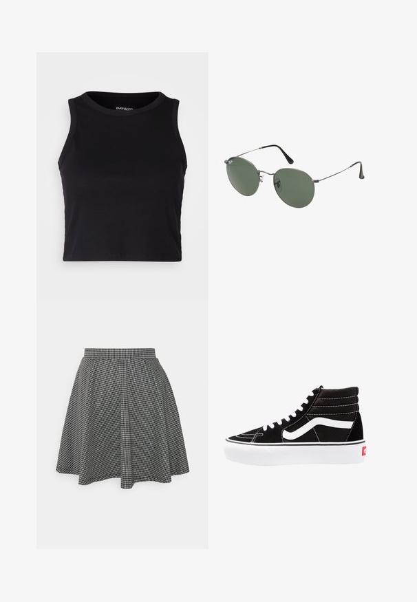 Svart ribbet crop tank top med rund halslinning og ermeless design. Laget av myk, elastisk stoff med rene, kantede kanter.; Sorte og hvite rutete skater skjørt med en tettsittende midjebånd og flagrende hem, laget av teksturert stoff som viser et klassisk mønster.; Svarte høyhælte joggesko med hvite snøringer, en hvit logo og kontrasterende hvit søm. Har en tykk hvit såle og teksturert semsket skinn på overflaten.; Metallinnrammede solbriller med ovale grønne linser. Tynn sølvfarget metallramme og svarte øreplugger. Minimalistisk design, ingen synlige logoer.