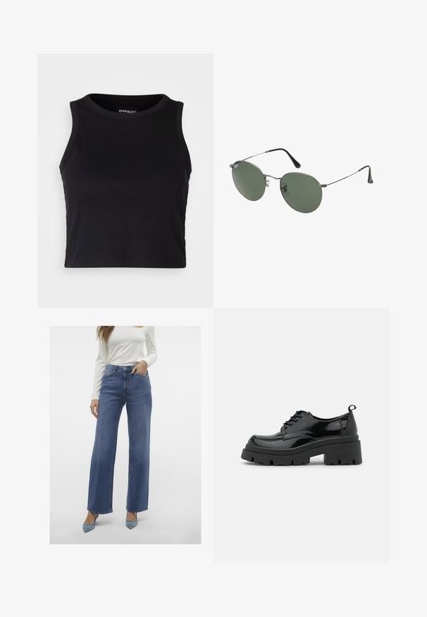 Sort ribbet crop tank top med rund halsudskæring og ærmeløs design. Fremstillet af blødt, strækbart stof, med rene kantede kanter.; Lyseblå, højtaljede brede jeans med fem lomme-design, knaplukning og bæltestropper, parret med en tætsiddende hvid langærmet top.; Sorte patentlæder sko med en kraftig platformsål og tykke snørebånd. Runde tå, minimal detaljer og en lille hæltab bagpå.; Metalrammede solbriller med ovale grønne linser. Tynd sølvmetalramme og sorte ørepropper. Minimalistisk design, ingen synlige logoer.
