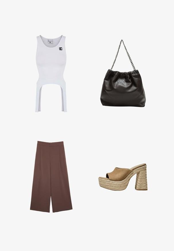 Weißes Sporttanktop mit figurnaher Passform, ausgeschnittenen Seiten und schwarzem besticktem Logo. Hergestellt aus dehnbarem, glattem Material.; Braune Weite-Leg-Hosen mit einer glatten Textur, hoher Taille und Vorderfalten. Der Stoff ist leicht und fällt locker.; Braune Wildleder-Plateau-Sandalen mit offenem Zeh, ausgestattet mit einem chunky geflochtenen Jute-Absatz und einem glatten, abgerundeten Oberdesign.; Braune Lederhandtasche mit gerafftem Oberteil und Kettenriemen. Glatte Textur mit glänzendem Finish und subtilen Nahtdetails an den Seiten.