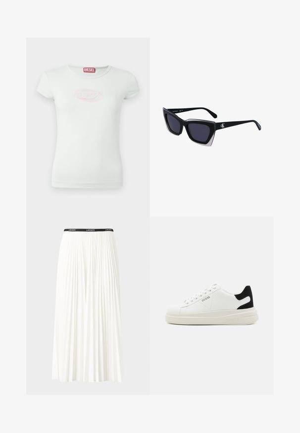 Svetlo zelena majica s kratkimi rokavi, izdelana iz mehke bombažne tkanine; ima roza vezeno ovalno logotip na prsih; okrogla ovratnica.; Gubasta bela krila z črnim elastičnim pasom, ki nosi logotip "LACOSTE". Srednje dolga zasnova z mehkobo tkanine.; Bele usnjene športne copate z debelim belim podplatom, črnimi semišnimi detajli na peti in utisnjenim logotipom na strani. Zavezovanje s šestimi luknjicami.; Črne prevelike sončne očala geometrijske oblike, z temnimi lečami in kontrastno sivo podrobnostjo na okvirju. Logo na ročaju.