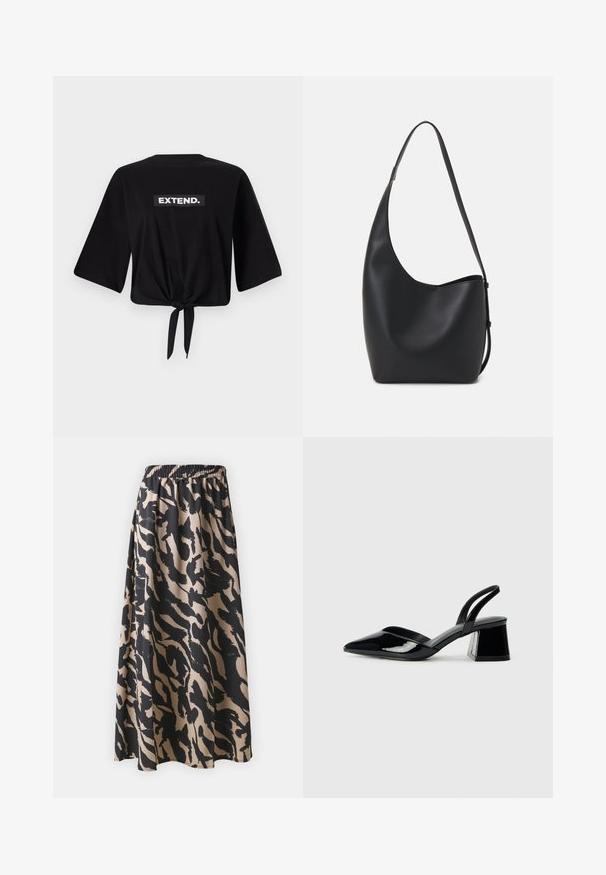 Svart T-skjorte med vide ermer, kort design og knyttet knute bak. Har et hvitt rektangulært merke med teksten "EXTEND."; Svart og beige lang skjørt med elastisk midjebånd, med et abstrakt dyremønster og en flytende silhuett.; Svarte patentlær slingback hæler med spiss tå og geometrisk blokk hæl. Har et stilrent, minimalistisk design og jevn tekstur.; Svart lær hobo-veske med glatt tekstur, buet form og enkelt justerbart stropp; har en bred åpning på toppen.