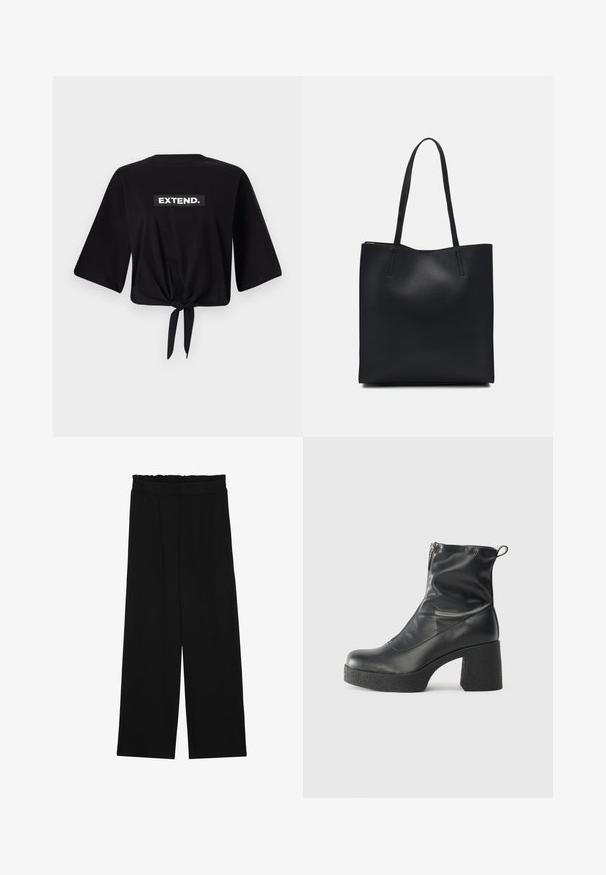 Camiseta negra con mangas anchas, diseño recortado y un nudo atado en la parte trasera. Presenta una etiqueta rectangular blanca con el texto "EXTEND."; Pantalones de pierna ancha negros con una cintura con volantes, que cuentan con dos bolsillos laterales y una tela suave y ligera. Sin patrones visibles ni accesorios.; Botines negros de tobillo, hechos de cuero suave, con cierre lateral, tacón grueso texturizado y diseño de punta redondeada.; Bolso tote de cuero negro con textura lisa, forma rectangular y dos asas largas. Sin herrajes ni adornos visibles.