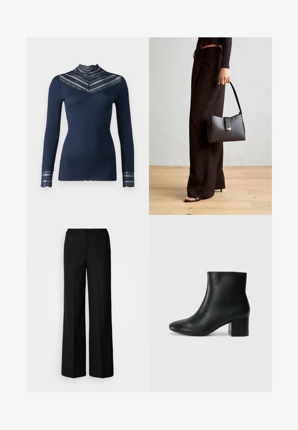 Rosemunde BENITA REGULAR T NECK - Top s dlouhým rukávem - navy; Černé kalhoty s širokými nohavicemi z hladkého materiálu, s vysokým pasem, tailorovými švy a minimalistickým designem. Žádné viditelné kovové prvky ani kapsy.; Černé kožené kotníkové boty s špičatou špičkou a robustním podpatkem. Hladký povrch s minimálními akcenty a elegantním, přiléhavým designem.; Černá kabelka se strukturovaným tvarem, hladkým povrchem a kovovým uzávěrem. Kombinována s širokými černými kalhotami a sandály s otevřenou špičkou na dřevěné podlaze.