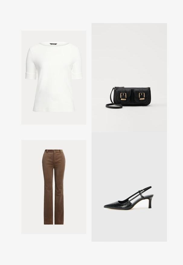 Hvit tettsittende topp med båt-revne, korte oppbrettede ermer og et jevnt, mykt stoff. Enkel design uten mønstre eller pynt.; Brune cordfløyelsbukser med rett ben-design, som har beltehemper, frontlommer og subtile vertikale ribber for tekstur.; Sorte patent slingback hæl med spids tå, featuring tekstureret slangeskind, justerbar rem og en kort, tekstureret blokhæl.; Svart skinn crossbody veske med to frontlommer, gyldne spenner, glidelåslukking og en slank stropp. Teksturert overflate og kompakt rektangulær form.