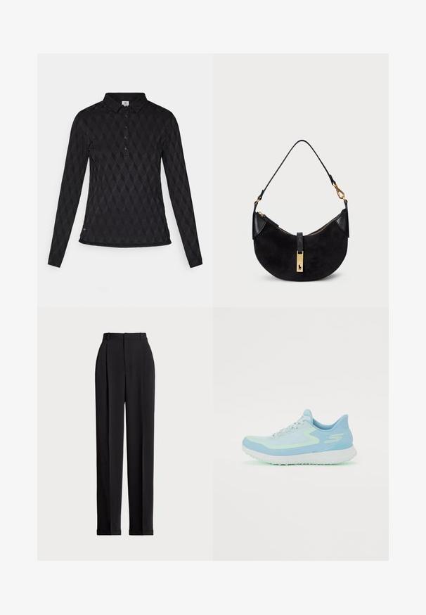 Camisa polo preta de manga longa com um padrão de diamante texturizado, com pala de botões e colarinho, apresentando uma bainha reta.; Calças pretas ajustadas com uma cintura alta, apresentando pregas na frente, um design de perna reta e bainha com punho. Feitas de tecido suave.; Sapatilha atlética azul claro com parte superior em malha, biqueira arredondada, sola almofadada e detalhes refletivos. Apresenta atacadores e um calcanhar que oferece suporte.; Mala preta com forma curve, feita de camurça e couro, com um fecho de correr dourado e um detalhe com o logótipo. Inclui uma alça curta.