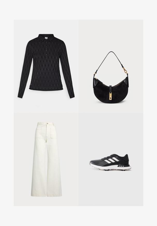 Melna garā piedurkne polo krekls ar teksturētu dimanta rakstu, pogu plāksni un apkakles kaklu, ar taisnu apakšmalu.; Platās kājas džinsi off-white denima. Augsta jostasvieta ar pogu aizdari, divas priekšējās kabatas un kontrastējošas šuvju detaļas.; Melnas sporta kurpes ar baltām svītrām, teksturēts augšdaļa, apaļa purngala forma un balta gumijas zole ar maziem izciļņiem saķerei.; Melnā rokas soma ar izliekta formu, izgatavota no zamšādas un ādas, ar zelta toņa rāvējslēdzēju un logo detaļu. Iekļauta īsā rokturi.