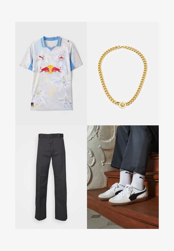 Lyhythihainen paita vaaleansinisenä ja valkoisena, jossa on kukkakuoseja, punaiset logot ja V-pakara. Valmistettu kosteutta siirtävästä materiaalista.; Mustat pantsit kestävästä kankaasta, suoran lahkeen muotoilu, vyötärönauha, jossa on vyölenkit, ja saumat lisätekstuuria varten.; Puma-tenniset valkoisesta ja mustasta mokasta, joissa on ruskea kumipohja. Yhdistetty valkoisten sukkien kanssa, joissa on musta logo, tummien housujen kanssa.; Kultaketju, jossa on suuret toisiinsa kytkeytyvät lenkit, keskellä on pyöreä pendantin yksityiskohta, jossa on kohotettu emblem.